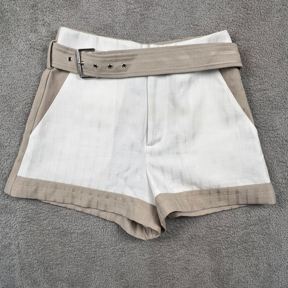 Lily Pants - Lily Belted Shorts Womens 6 White Beige High Waist Summer Chic Colorblock